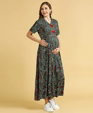 MomToBe Half Sleeves Leaves Printed Maternity Dress With Zipper Access - Green