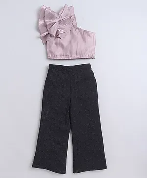 Taffykids One Shoulder Ruffled Sleeves Solid Crop Top & Pant Set -Mauve Purple & Black