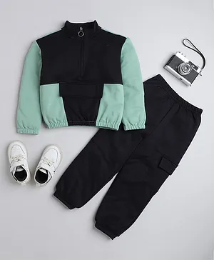 Taffykids Full Sleeves  Colour  Block Sweatshirt &  Joggers Set - Green & Black