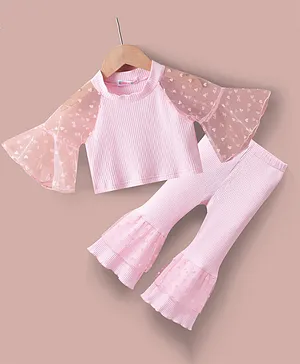 Kookie Kids Bell Sleeves Heart Printed Top with Flared Pant Set - Pink