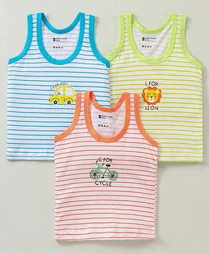 Bodycare Cotton Sleeveless Vests With Vehicles & Animals Print Pack Of 3 - Blue Orange & Green