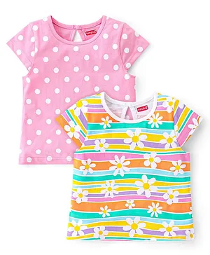 Babyhug Cotton Knit Cap Sleeves Floral & Polka Printed T-Shirts Pack of 2 - Multicolour