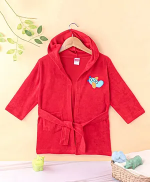 Babyhug Terry Knit Full Sleeves Hooded Bath Robe With Plane Embroidery - Red
