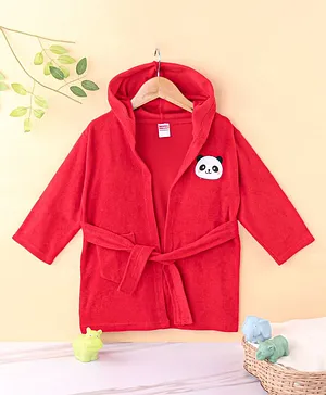 Babyhug Terry Knit Full Sleeves Hooded Bath Robe With Panda Embroidery - Red