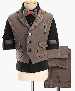 Rikidoos Full Sleeves Solid  Shirt With Pin Checked Waistcoat Coordinating Pant & Bow - Brown & Black