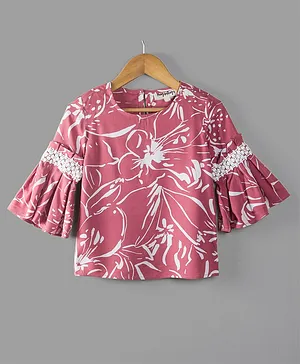 Hugsntugs Full Sleeves Floral Printed Lace Detailed Top - Peach