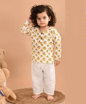 LIL PITAARA Pure Cotton Full Sleeves Elephant Printed  Pajama Set - Yellow
