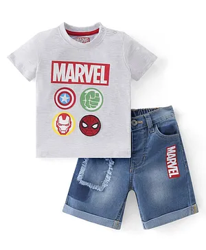 Babyhug Marvel Cotton Knit Half Sleeves T-Shirt & Shorts With Avengers Graphics - Grey