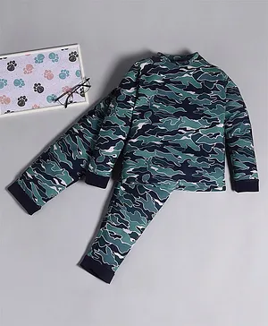 RAINE AND JAINE Full Sleeves Camouflage Printed Tee & Pajama Nightwear Set - Green