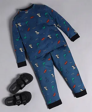 RAINE AND JAINE Full Sleeves Dinosaur Printed Tee & Pajama Nightwear Set - Blue