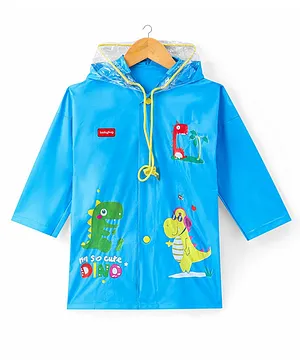 Babyhug Full Sleeves Below Knee Length Raincoat Cute Dino Print - Sky Blue