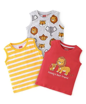 Babyhug Cotton Knit Sleeveless Stripes & Lion Print T-Shirts Pack of 3 - Red Grey & Yellow