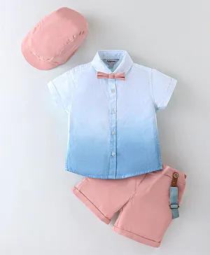 ToffyHouse Woven Half Sleeves Shirt & Shorts Set With Suspender & Bow Solid Colour - Pink & Blue
