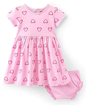 Babyhug 100% Cotton Knit Half Sleeves Frock With Heart Print & Bloomer - Pink