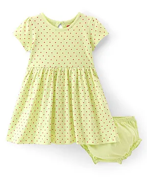 Babyhug Single Jersey 100% Cotton Knit Half Sleeves Frock & Bloomer With Polka Dot Print - Green