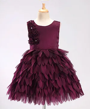 Bluebell Woven Sleeveless Party Frock With Floral Applique &  Feather Detailing - Purple