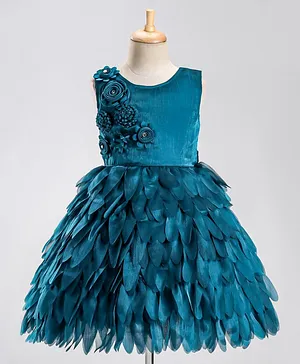 Bluebell Woven Sleeveless Party Frock With Floral Applique &  Feather Detailing - Blue