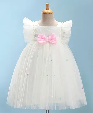 Bluebell Net Woven Sleeveless Party Frock With Bow Applique - White