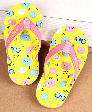 Cute Walk by Babyhug Flip Flops With Kitty Print - Yellow