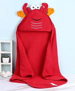 Babyhug Terry Towel With Hood and Crab Applique L 76.2 x B 76.2 cm - Red