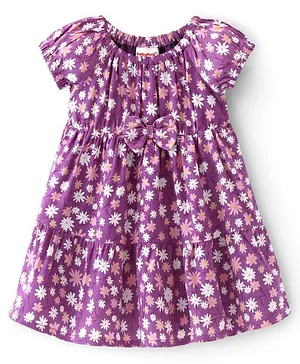 Babyhug 100% Viscose Woven Half Sleeves Frock with Floral Print & Bow Applique - Purple