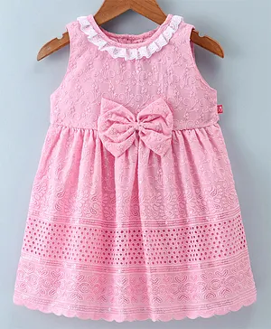 Twetoons Sleeveless Frock with Bow Applique & Floral Embroidery- Pink