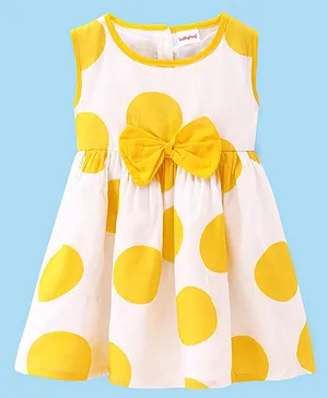 Babyhug Cotton Knit Sleeves Polka Dots & Bow Applique Frock - White & Yellow