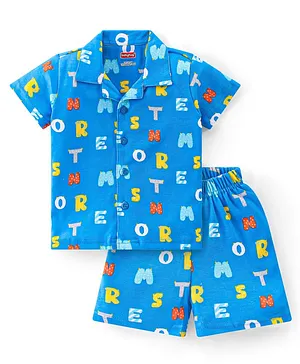 Babyhug Interlock Cotton Knit Half Sleeves Night Suit Alphabet Print - Blue