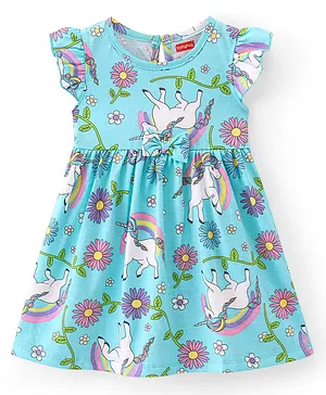 Babyhug 100% Cotton Knit Single Jersey Frill Sleeves Frock With Floral & Unicorn Print - Blue