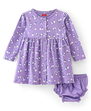 Babyhug 100% Cotton Single Jersey Knit Full Sleeves Frock With Bloomer Floral Print - Purple