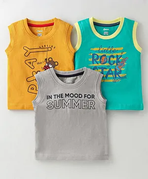 OHMS Single Jersey Knit  Sleeveless T-Shirts  Outer Vests Text Print Pack of 3 - Multicolour