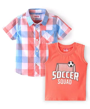 Babyhug 100% Cotton Woven Half Sleeves Check Shirt with Sleeveless Inner T-Shirt Soccer Print - Orange
