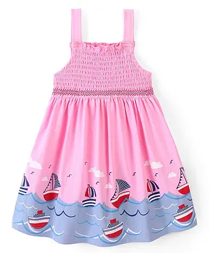Babyhug 100% Cotton Single Jersey Knit Sleeveless Frock Boat Print - Pink