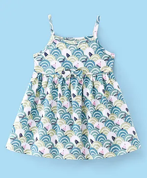 Babyhug Cotton Knit Singlet Sleeves Waves & Whale Printed Frock -  Green & Blue