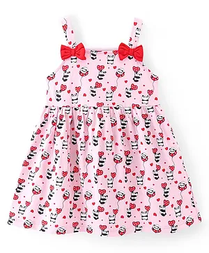 Babyhug 100% Cotton Knit Single Jersey Sleeveless Frock With Panda Print & Bow Applique - Pink
