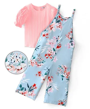 Ollington St. Rayon Woven Floral Printed Dungaree & Puff Sleeves Top - Pink & Blue