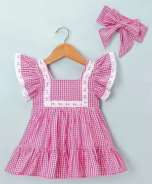 ToffyHouse Frill Sleeves Checkered Frock With Head Band - Pink