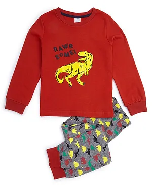 Unicorns Cotton Full Sleeves Dinosaur Printed Night Suit - Red