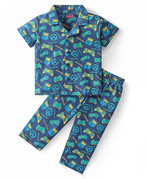 Babyhug Cotton Knit Single Jersey Half Sleeves Night Suit With Gaming Print - Blue