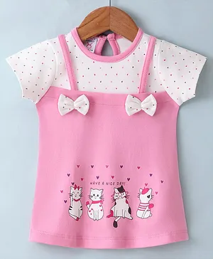 Pink Rabbit Interlock Half Sleeves Frock With Kitty Print & Bow Applique - Pink & White