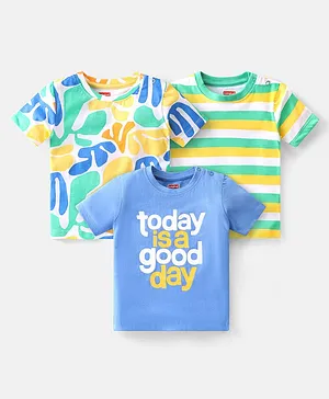 Babyhug Cotton Knit Half Sleeves T-Shirt Stripes & Text Graphics Pack of 3 - Yellow White & Blue
