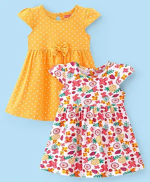 Babyhug 100% Cotton Single Jersey Knit Cap Sleeves Frock Polka Dot & Floral Print Pack Of 2 - White & Yellow