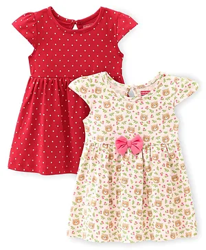 Babyhug 100% Cotton Single Jersey Knit Cap Sleeves Frock Bear Print Pack Of 2 - Red & Beige