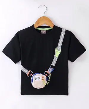 Little Kangaroos Cotton Woven Half Sleeves Solid Colour T-Shirt with Fanny Bag - Black