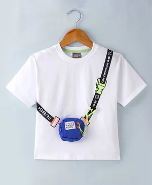 Little Kangaroos Cotton Woven Half Sleeves Solid Colour T-Shirt with Fanny Bag - White
