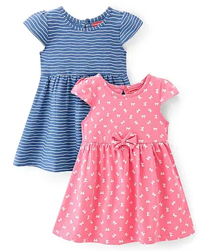 Babyhug 100% Cotton Single Jersey Knit Cap Sleeves Frock Stripes & Bow Print Pack Of 2 - Pink & Blue