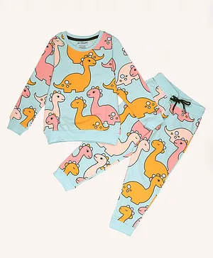 Be Awara Full Sleeves Baby Dinosaur Printed Coordinating Sweatshirt & Joggers Set - Sea Green