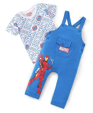 Babyhug Marvel Single Jersey Knit Dungaree with Half Sleeves T-Shirt Text & Avenger Print - Blue