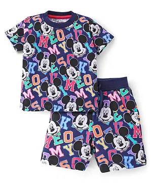 Babyhug Disney Half Sleeves T-Shirt & Shorts With Mickey Mouse Print - Navy Blue