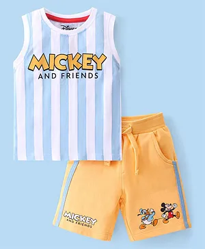 Babyhug Disney Cotton Knit Single Jersey Sleeveless T-Shirt & Shorts With Mickey Mouse Graphics - White Blue & Yellow